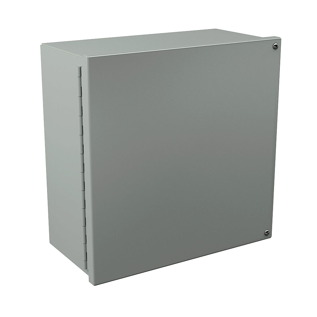 WA121206GIE - Wiegmann enclosure, NEMA 12/13, 12 x 12 x 6in (HxWxD), wall mount, carbon steel, ANSI 61 gray, powder coat finish, hinged screw cover.