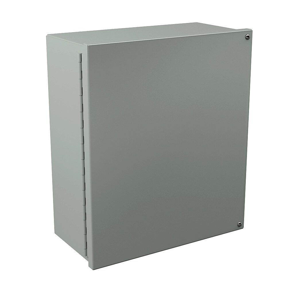 WA141206GIE - Wiegmann enclosure, NEMA 12/13, 14 x 12 x 6in (HxWxD), wall mount, carbon steel, ANSI 61 gray, powder coat finish, hinged screw cover.