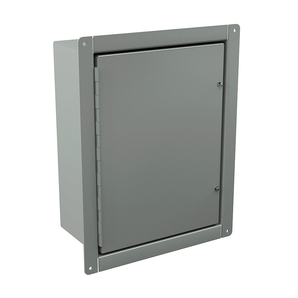 WA161206FM - Wiegmann enclosure, NEMA 12/13, 16 x 12 x 6in (HxWxD), flush wall mount, carbon steel, ANSI 61 gray, powder coat finish, hinged screw cover.