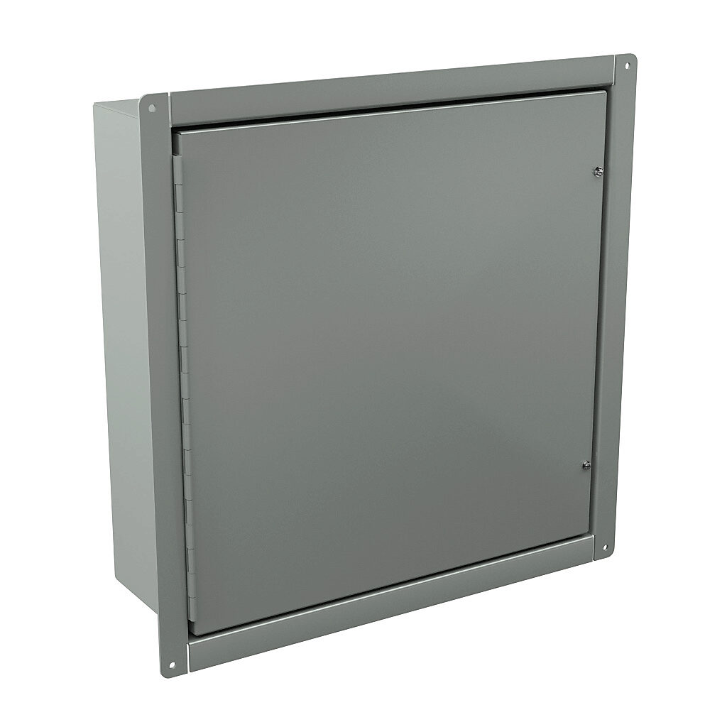 WA202006FM - Wiegmann enclosure, NEMA 12/13, 20 x 20 x 6in (HxWxD), flush wall mount, carbon steel, ANSI 61 gray, powder coat finish, hinged screw cover.
