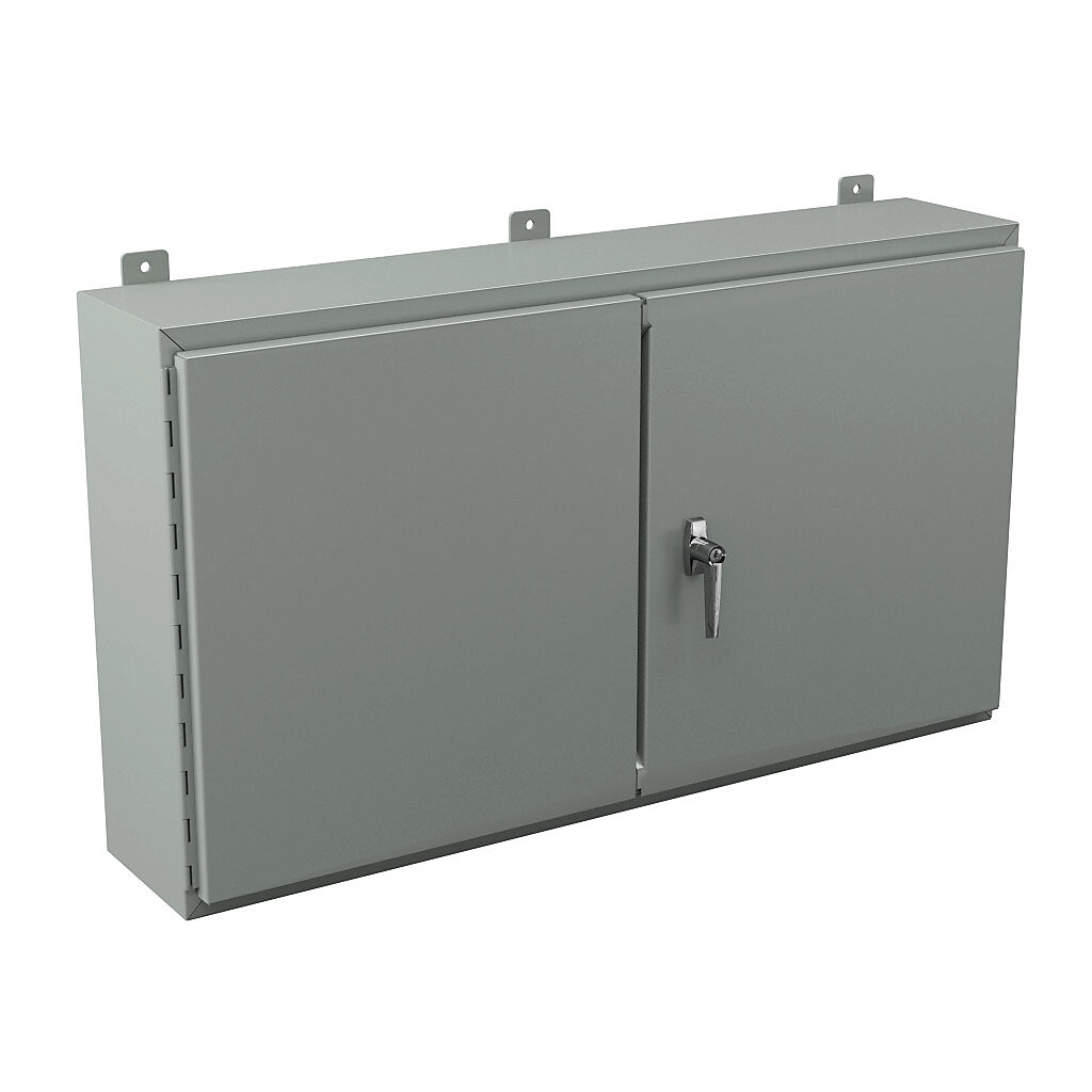 WA244208WF - Wiegmann enclosure, NEMA 12, 24 x 42 x 8in (HxWxD), wall mount, carbon steel, ANSI 61 gray, powder coat finish, double-door, 3-point keylocking handle.