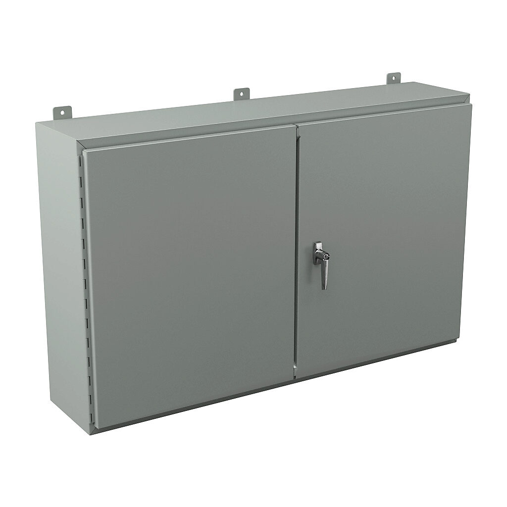 WA304810WF - Wiegmann enclosure, NEMA 12, 30 x 48 x 10in (HxWxD), wall mount, carbon steel, ANSI 61 gray, powder coat finish, double-door, 3-point keylocking handle.
