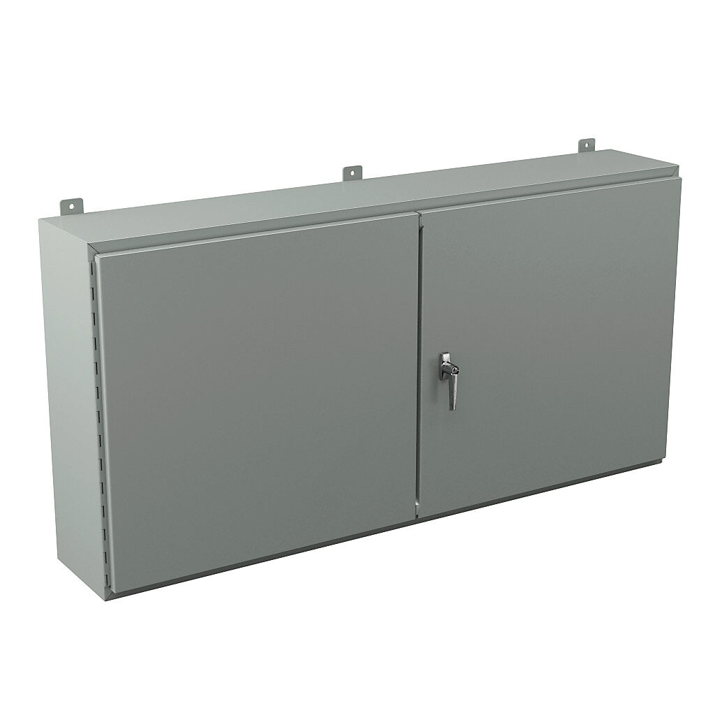 WA306010WF - Wiegmann enclosure, NEMA 12, 30 x 60 x 10in (HxWxD), wall mount, carbon steel, ANSI 61 gray, powder coat finish, double-door, 3-point keylocking handle.