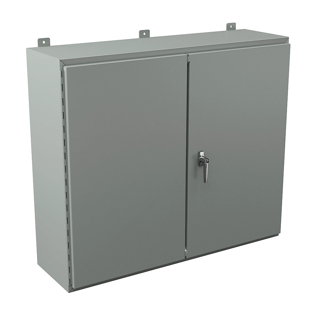 WA364212WF - Wiegmann enclosure, NEMA 12, 36 x 42 x 12in (HxWxD), wall mount, carbon steel, ANSI 61 gray, powder coat finish, double-door, 3-point keylocking handle.