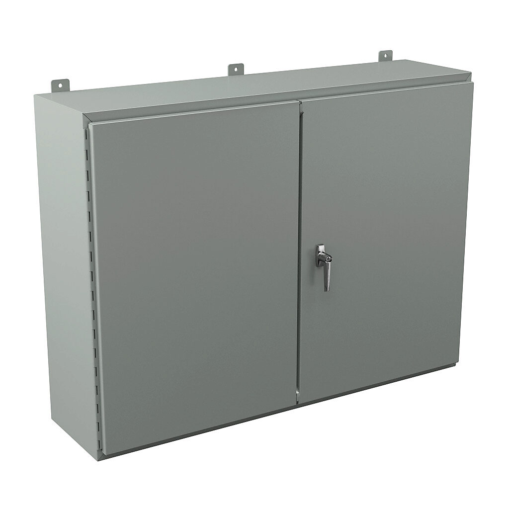 WA364812WF - Wiegmann enclosure, NEMA 12, 36 x 48 x 12in (HxWxD), wall mount, carbon steel, ANSI 61 gray, powder coat finish, double-door, 3-point keylocking handle.