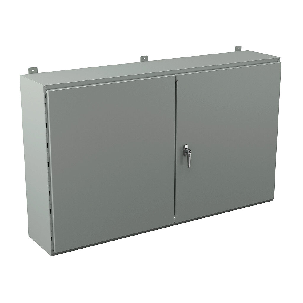 WA366012WF - Wiegmann enclosure, NEMA 12, 36 x 60 x 12in (HxWxD), wall mount, carbon steel, ANSI 61 gray, powder coat finish, double-door, 3-point keylocking handle.