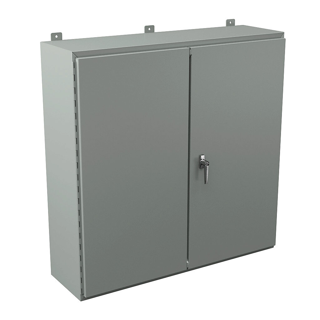 WA424212WF - Wiegmann enclosure, NEMA 12, 42 x 42 x 12in (HxWxD), wall mount, carbon steel, ANSI 61 gray, powder coat finish, double-door, 3-point keylocking handle.