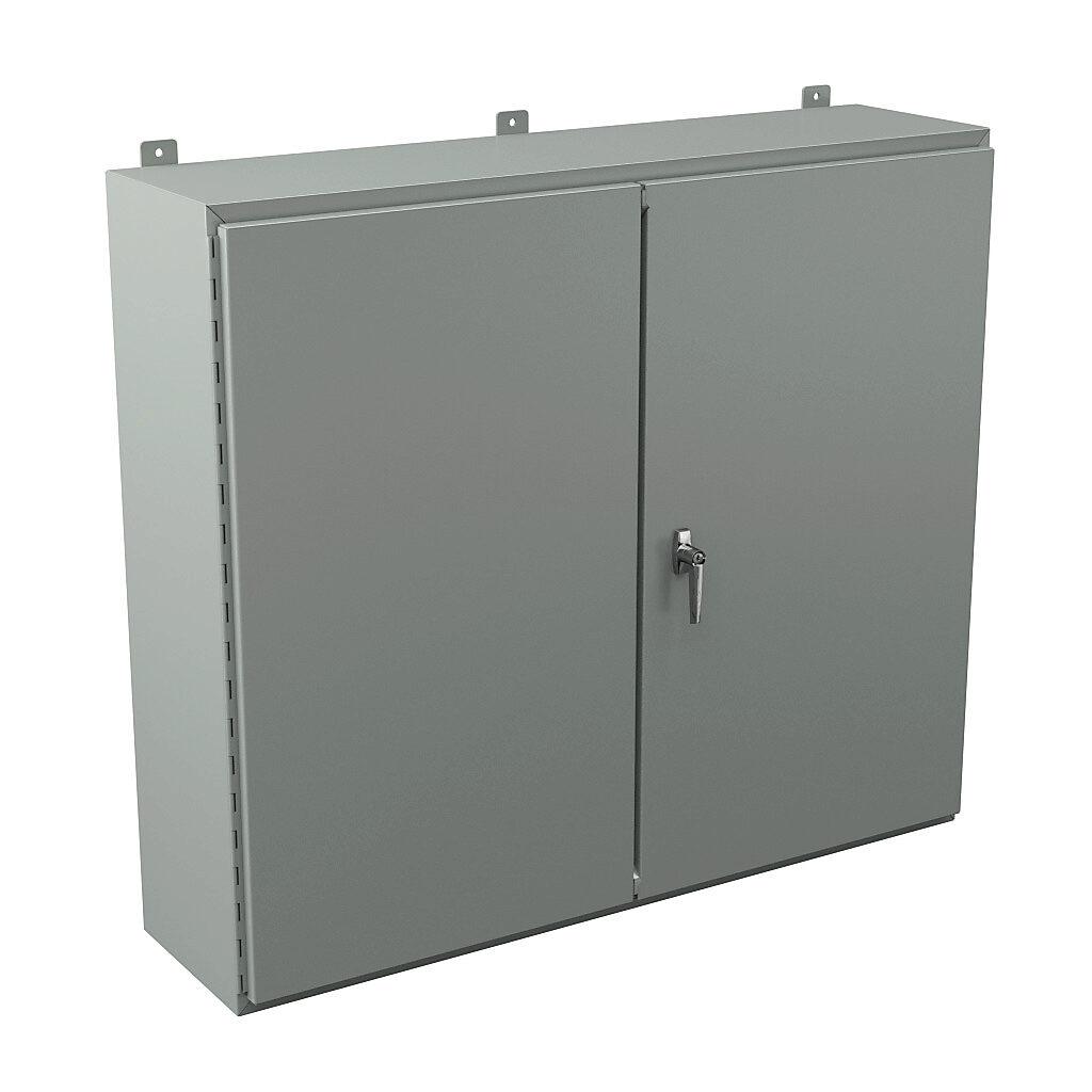 WA424812WF - Wiegmann enclosure, NEMA 12, 42 x 48 x 12in (HxWxD), wall mount, carbon steel, ANSI 61 gray, powder coat finish, double-door, 3-point keylocking handle.