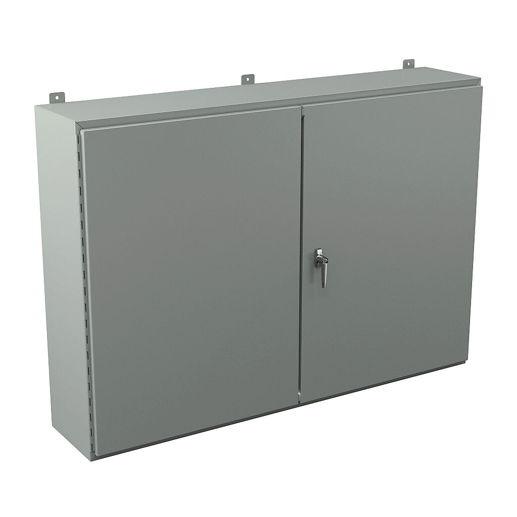 WA426012WF - Wiegmann enclosure, NEMA 12, 42 x 60 x 12in (HxWxD), wall mount, carbon steel, ANSI 61 gray, powder coat finish, double-door, 3-point keylocking handle.