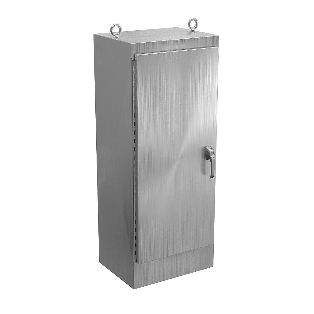 WA602418SSFSN43PT - Wiegmann enclosure, NEMA 3/4/4X/12, 60 x 24 x 18in (HxWxD), freestanding, 304 stainless steel, No. 3 intermediate polished finish, single-door, 3-point 316L padlocking handle.