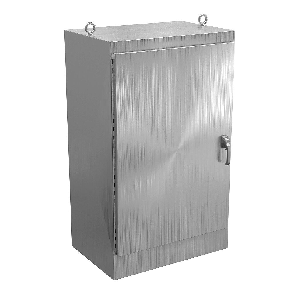 WA603624SSFSN43PT - Wiegmann enclosure, NEMA 3/4/4X/12, 60 x 36 x 24in (HxWxD), freestanding, 304 stainless steel, No. 3 intermediate polished finish, single-door, 3-point 316L padlocking handle.