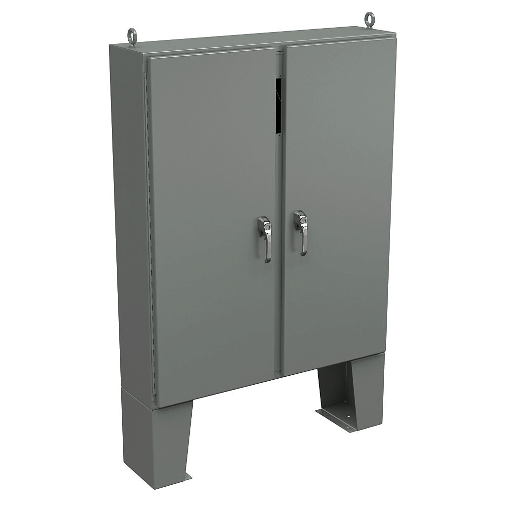WA60CPX4912U - Wiegmann disconnect enclosure, NEMA 12, center post, 60 x 49 x 12in (HxWxD), floor mount, carbon steel, ANSI 61 gray, powder coat finish, 2-door, 3-point padlocking handle, purchase subpanel separately.