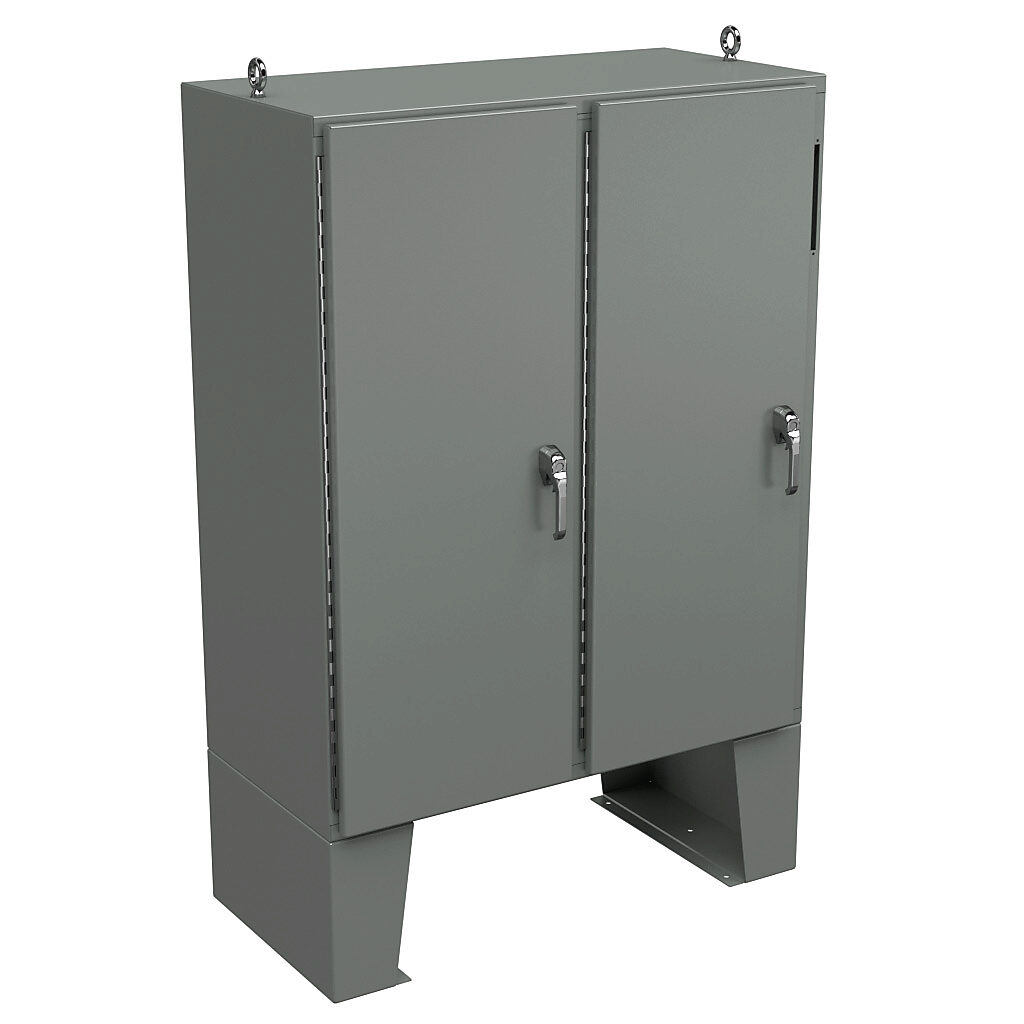 WA60X4924U - Wiegmann disconnect enclosure, NEMA 12, right flange, 60 x 49 x 24in (HxWxD), floor mount, carbon steel, ANSI 61 gray, powder coat finish, 2-door, 3-point padlocking handle, purchase subpanel separately.