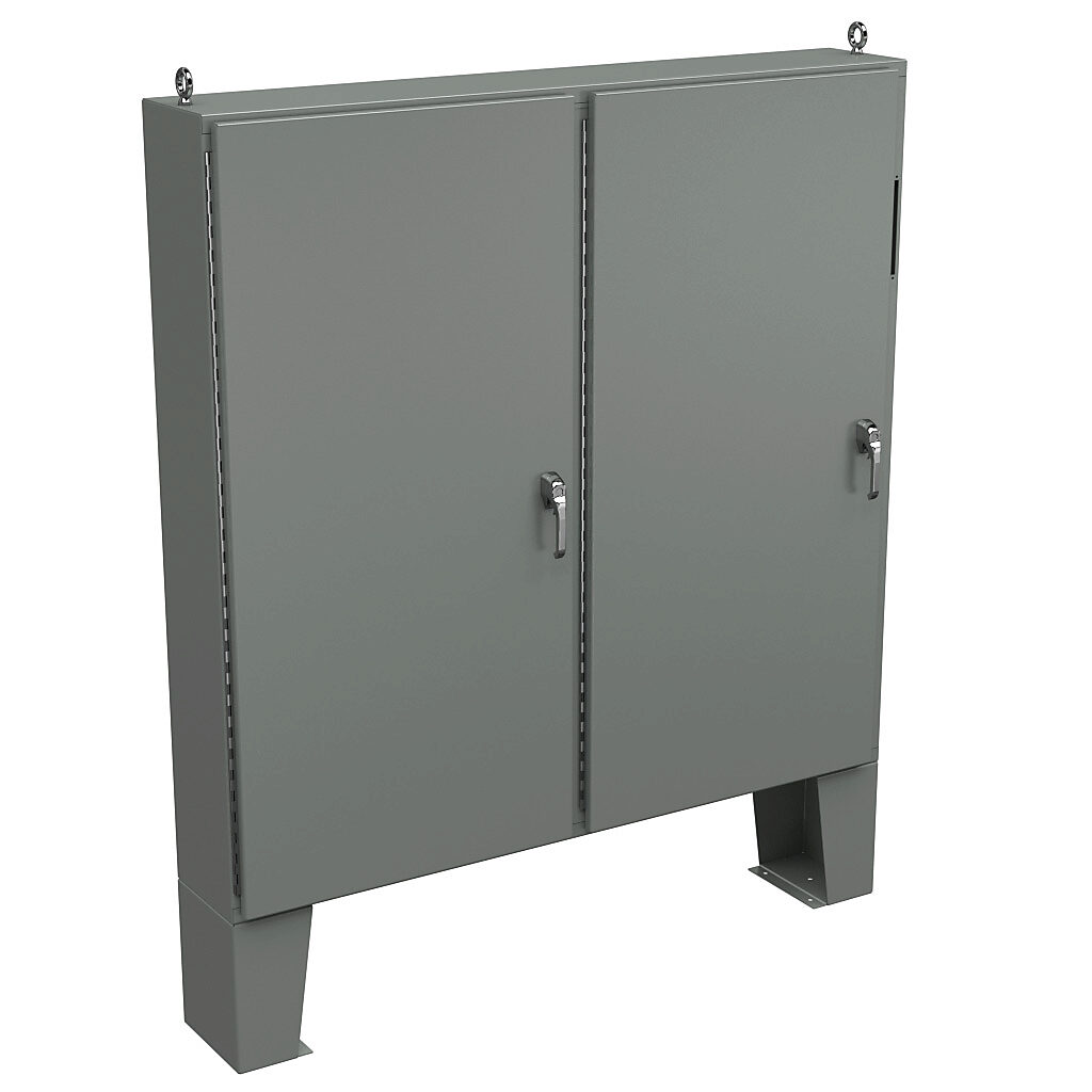 WA72X7312U - Wiegmann disconnect enclosure, NEMA 12, right flange, 72 x 73 x 12in (HxWxD), floor mount, carbon steel, ANSI 61 gray, powder coat finish, 2-door, 3-point padlocking handle, purchase subpanel separately.