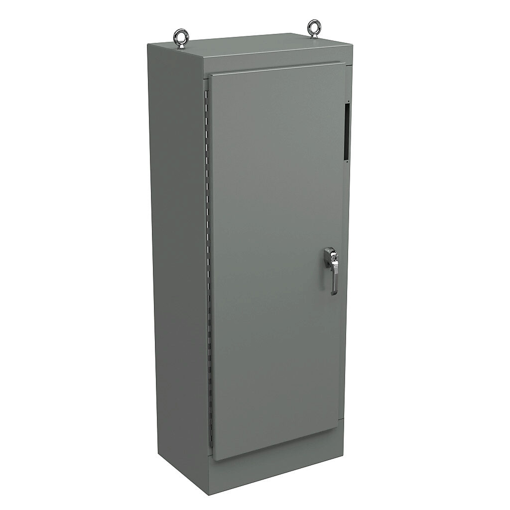 WA72XM2718U - Wiegmann disconnect enclosure, NEMA 12, right flange, 72 x 27 x 18in (HxWxD), freestanding, carbon steel, ANSI 61 gray, powder coat finish, single-door, 3-point padlocking handle, subpanel included.