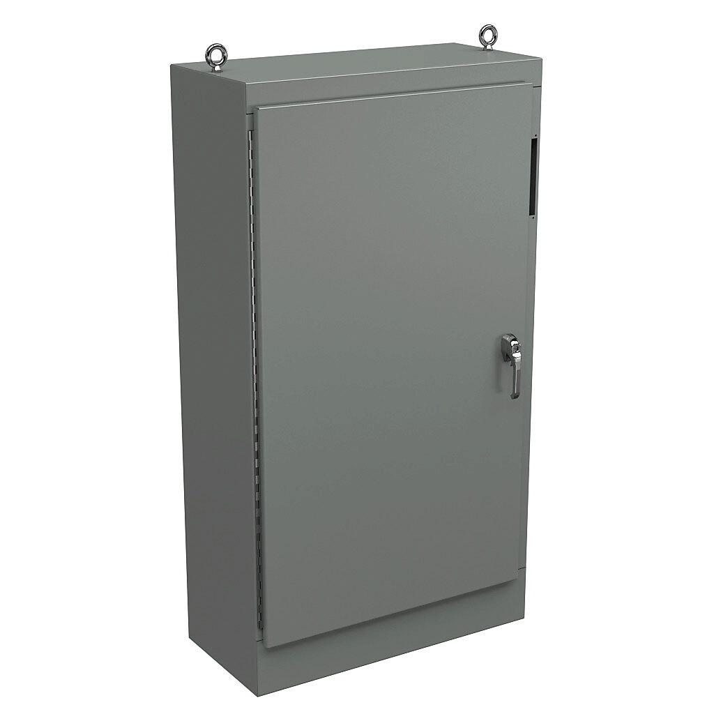 WA72XM3918U - Wiegmann disconnect enclosure, NEMA 12, right flange, 72 x 39 x 18in (HxWxD), freestanding, carbon steel, ANSI 61 gray, powder coat finish, single-door, 3-point padlocking handle, subpanel included.