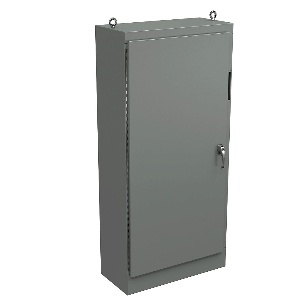 WA84XM3918U - Wiegmann disconnect enclosure, NEMA 12, right flange, 84 x 39 x 18in (HxWxD), freestanding, carbon steel, ANSI 61 gray, powder coat finish, single-door, 3-point padlocking handle, subpanel included.
