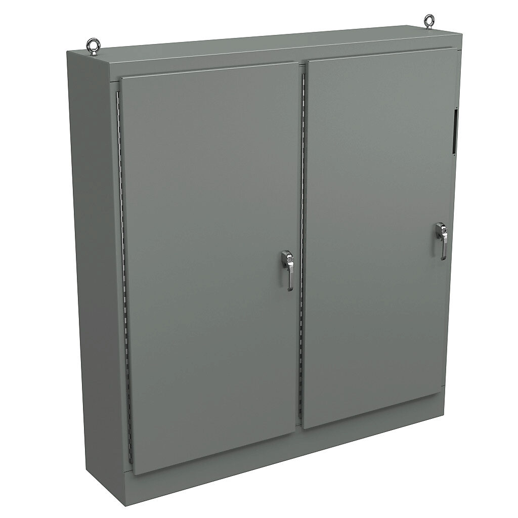 WA84XM7718U - Wiegmann disconnect enclosure, NEMA 12, right flange, 84 x 77 x 18in (HxWxD), freestanding, carbon steel, ANSI 61 gray, powder coat finish, 2-door, 3-point padlocking handle, subpanel included.