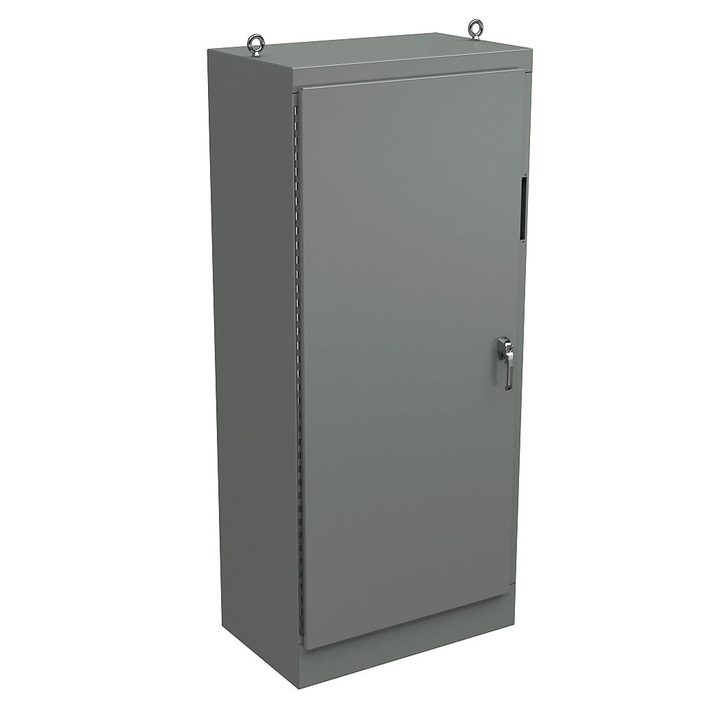 WA90XM3924U - Wiegmann disconnect enclosure, NEMA 12, right flange, 90 x 39 x 24in (HxWxD), freestanding, carbon steel, ANSI 61 gray, powder coat finish, single-door, 3-point padlocking handle, subpanel included.
