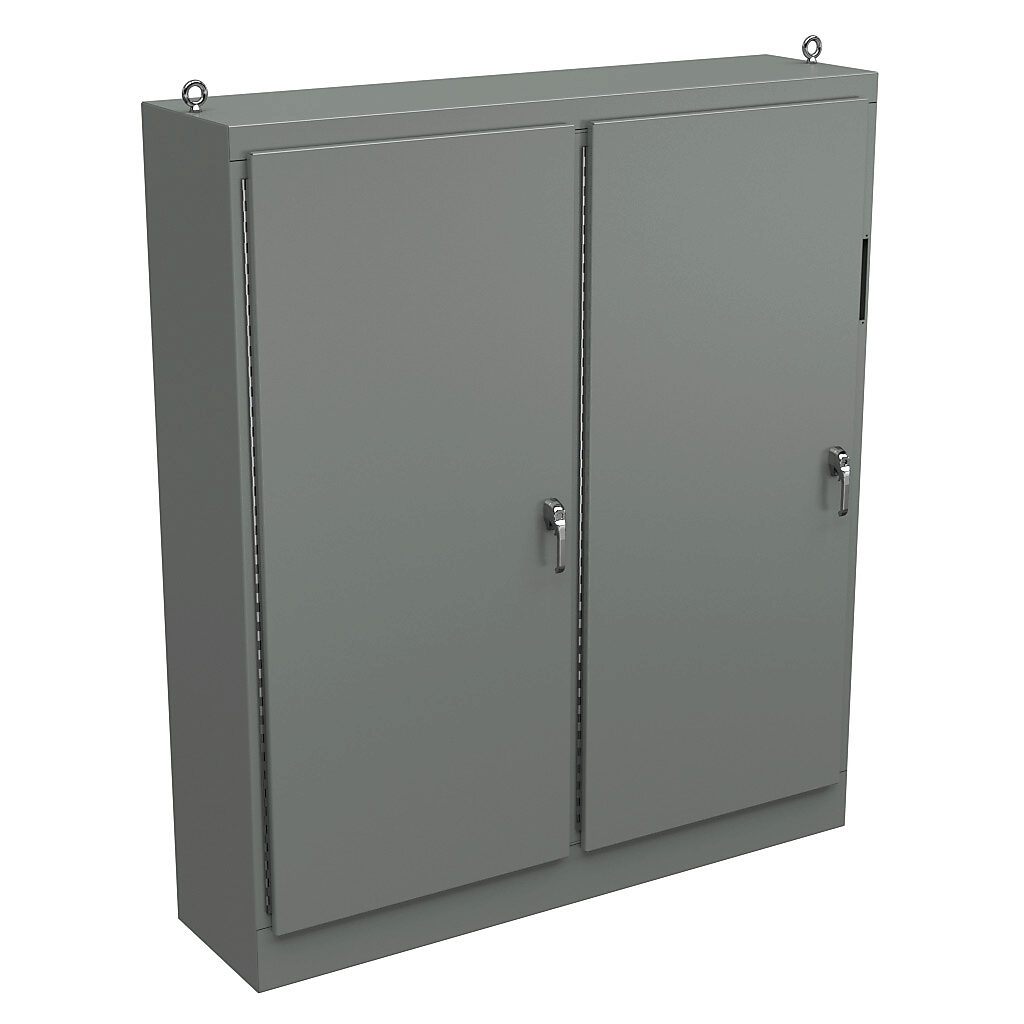 WA90XM7720U - Wiegmann disconnect enclosure, NEMA 12, right flange, 90 x 77 x 20in (HxWxD), freestanding, carbon steel, ANSI 61 gray, powder coat finish, 2-door, 3-point padlocking handle, subpanel included.