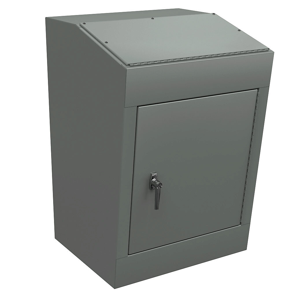 WC1224B - Wiegmann operator console, NEMA 12/13, 36 x 24 x 24in (HxWxD), freestanding, carbon steel, ANSI 61 gray, powder coat finish, flush single-door, 3-point keylocking handle.
