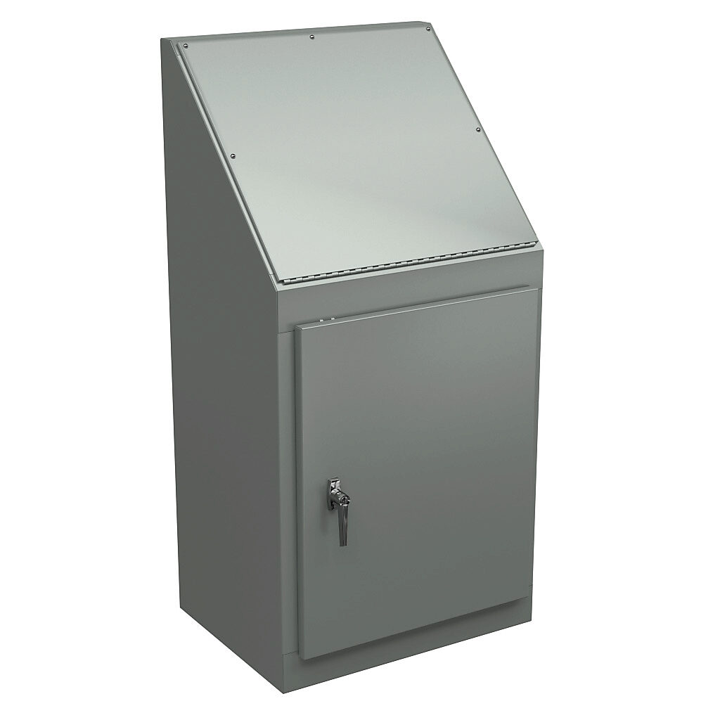 WC924B - Wiegmann operator console, NEMA 12/13, 48 x 24 x 18in (HxWxD), freestanding, carbon steel, ANSI 61 gray, powder coat finish, single-door, 3-point keylocking handle.