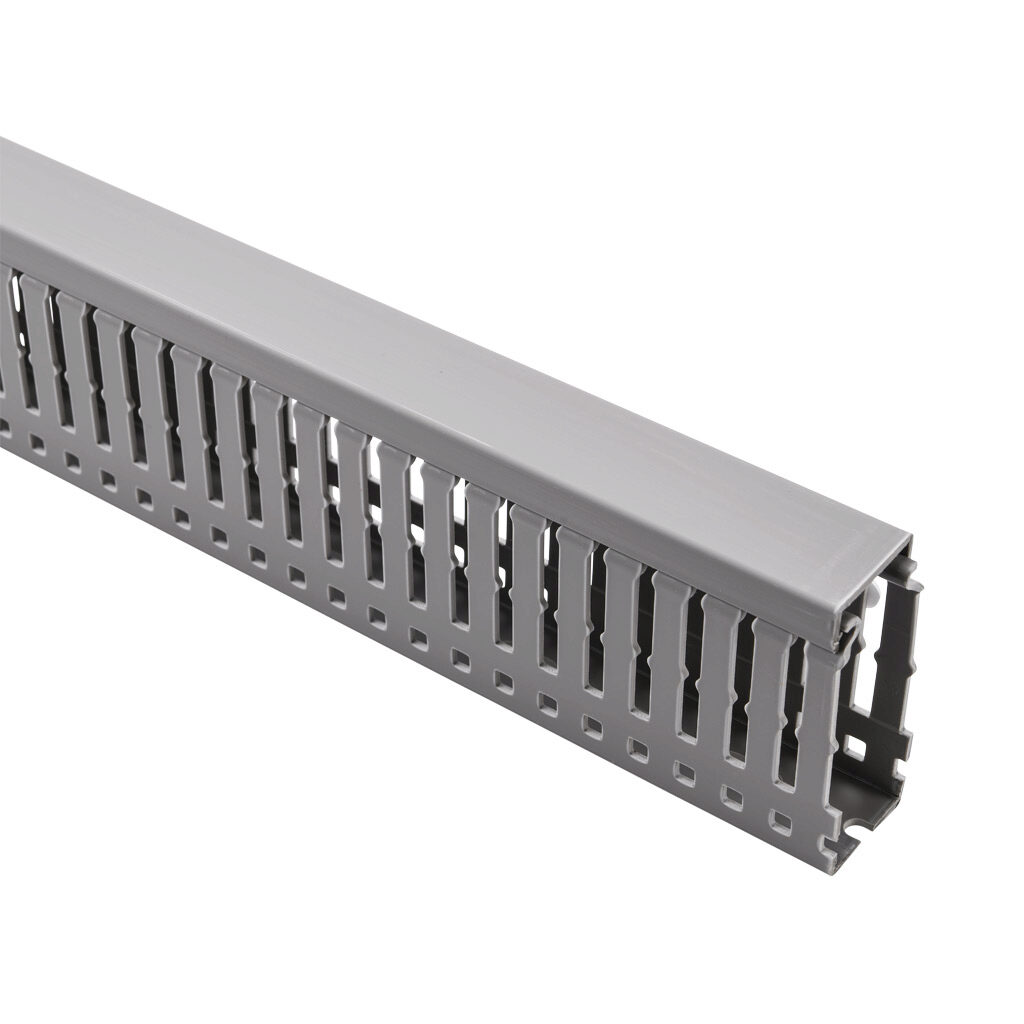 WDN-1022G-1 - AchieVe WDN series open slot narrow finger wire duct, 1in width, 2.25in height, 6.5ft/2m length, gray. Cover included.