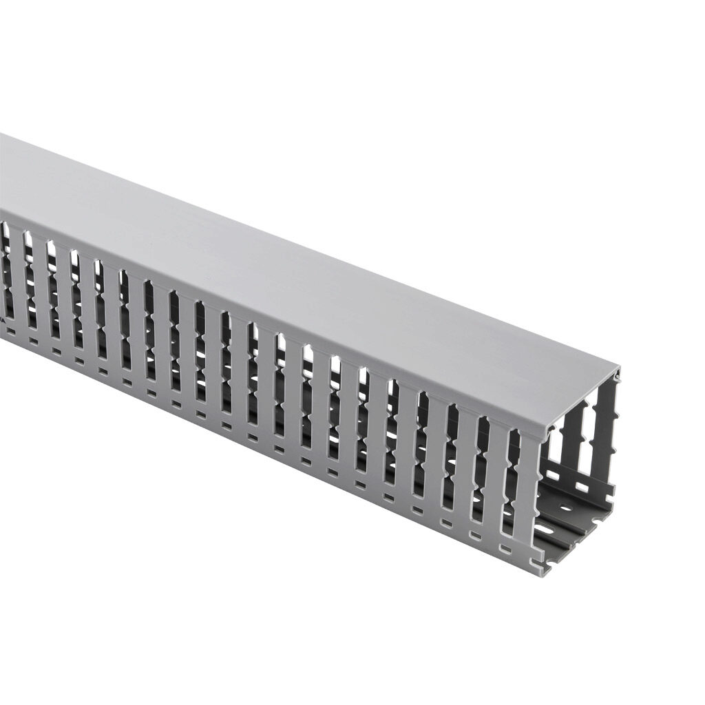 WDW-3040G-1 - AchieVe WDW series open slot wide finger wire duct, 3in width, 4in height, 6.5ft/2m length, gray. Cover included.
