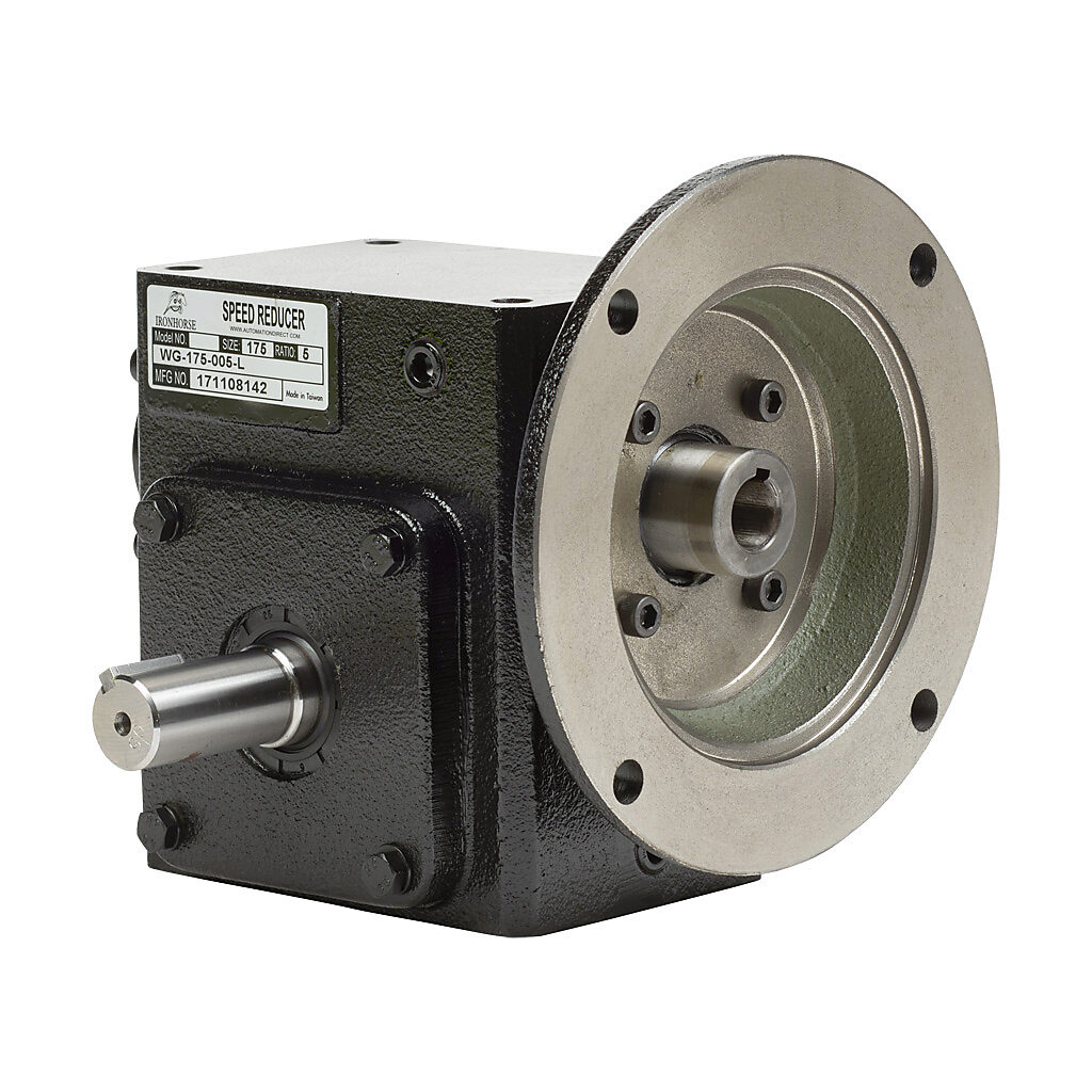 WG-175-005-L - IronHorse heavy duty worm gearbox, 5:1 ratio, NEMA 56C input, left hand, 0.875in diameter output shaft, nominal 2.83hp at 1.0 SF, 499 lb-in mechanical output torque, 1-3/4in center distance, cast iron housing, tapped-base mount.