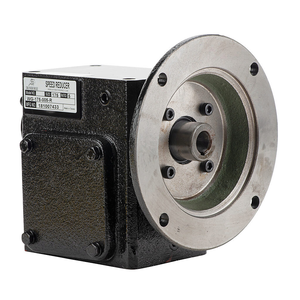 WG-175-005-R - IronHorse heavy duty worm gearbox, 5:1 ratio, NEMA 56C input, right hand, 0.875in diameter output shaft, nominal 2.83hp at 1.0 SF, 499 lb-in mechanical output torque, 1-3/4in center distance, cast iron housing, tapped-base mount.