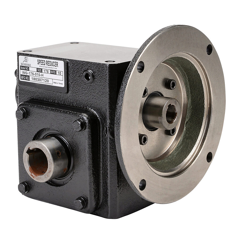 WG-175-010-H - IronHorse heavy duty worm gearbox, 10:1 ratio, NEMA 56C input, hollow, 1in diameter output shaft, nominal 1.57hp at 1.0 SF, 515 lb-in mechanical output torque, 1-3/4in center distance, cast iron housing, tapped-base mount.