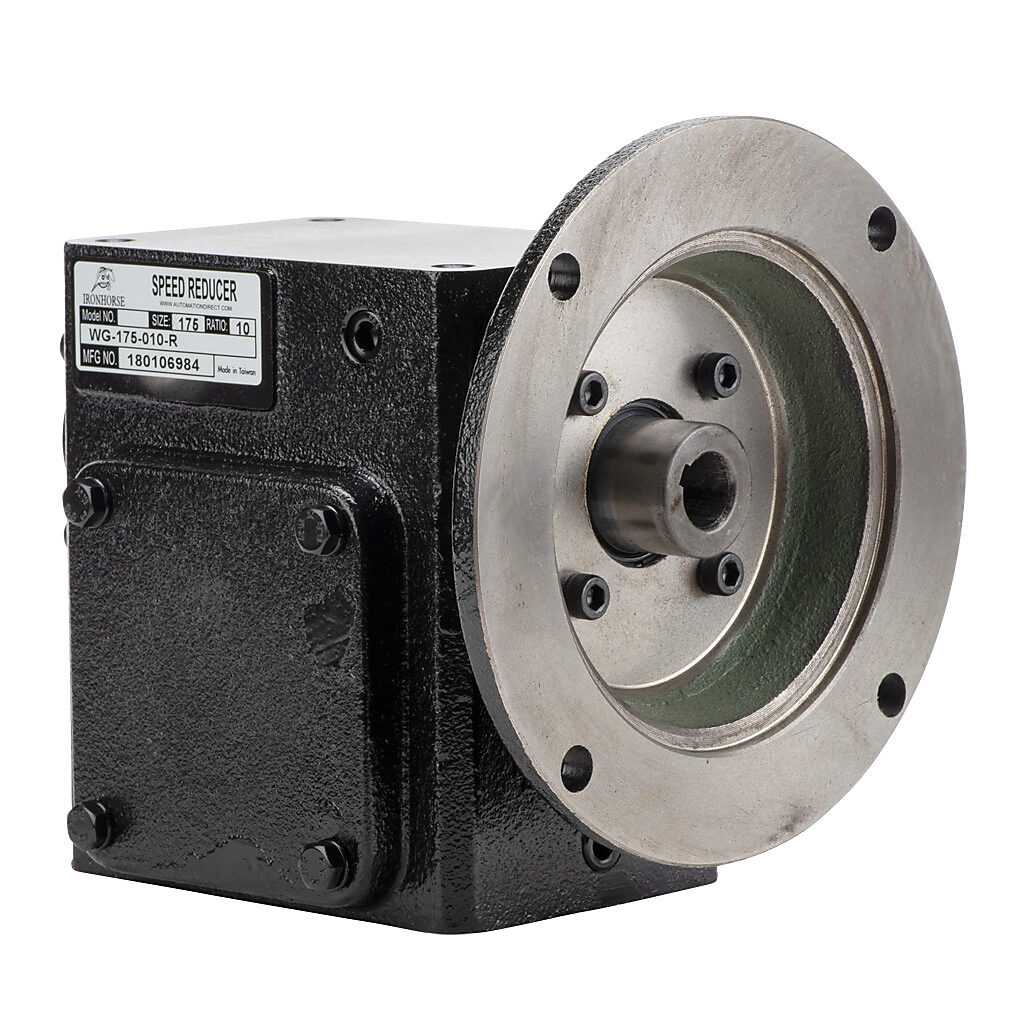 WG-175-010-R - IronHorse heavy duty worm gearbox, 10:1 ratio, NEMA 56C input, right hand, 0.875in diameter output shaft, nominal 1.57hp at 1.0 SF, 515 lb-in mechanical output torque, 1-3/4in center distance, cast iron housing, tapped-base mount.