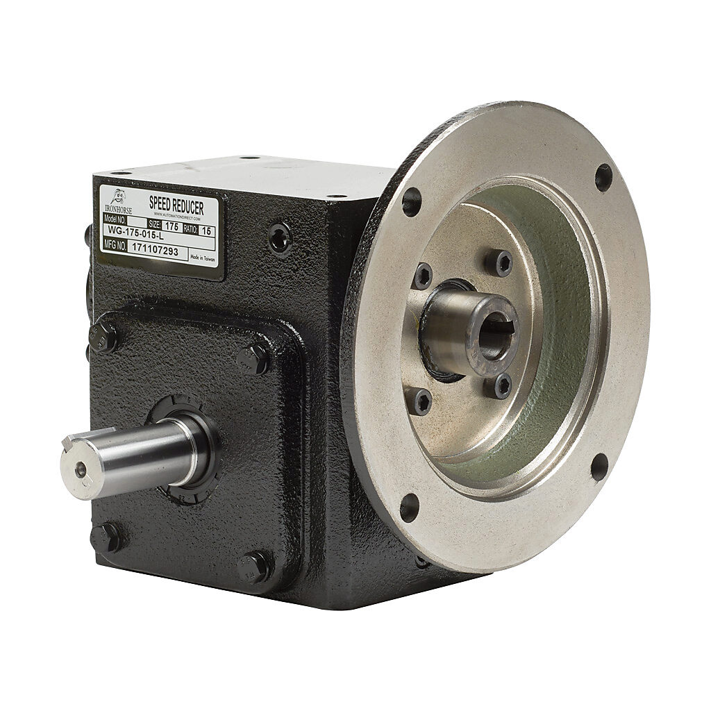 WG-175-015-L - IronHorse heavy duty worm gearbox, 15:1 ratio, NEMA 56C input, left hand, 0.875in diameter output shaft, nominal 1.24hp at 1.0 SF, 554 lb-in mechanical output torque, 1-3/4in center distance, cast iron housing, tapped-base mount.