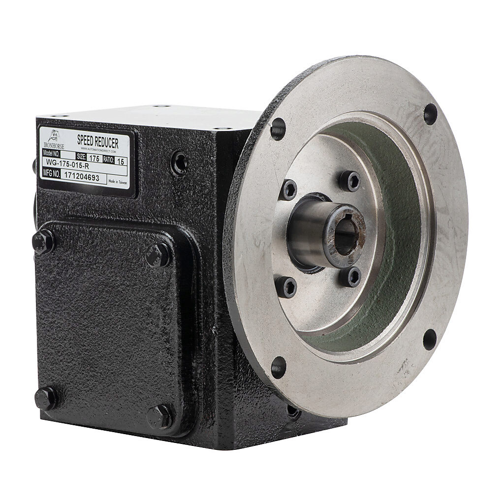 WG-175-015-R - IronHorse heavy duty worm gearbox, 15:1 ratio, NEMA 56C input, right hand, 0.875in diameter output shaft, nominal 1.24hp at 1.0 SF, 554 lb-in mechanical output torque, 1-3/4in center distance, cast iron housing, tapped-base mount.