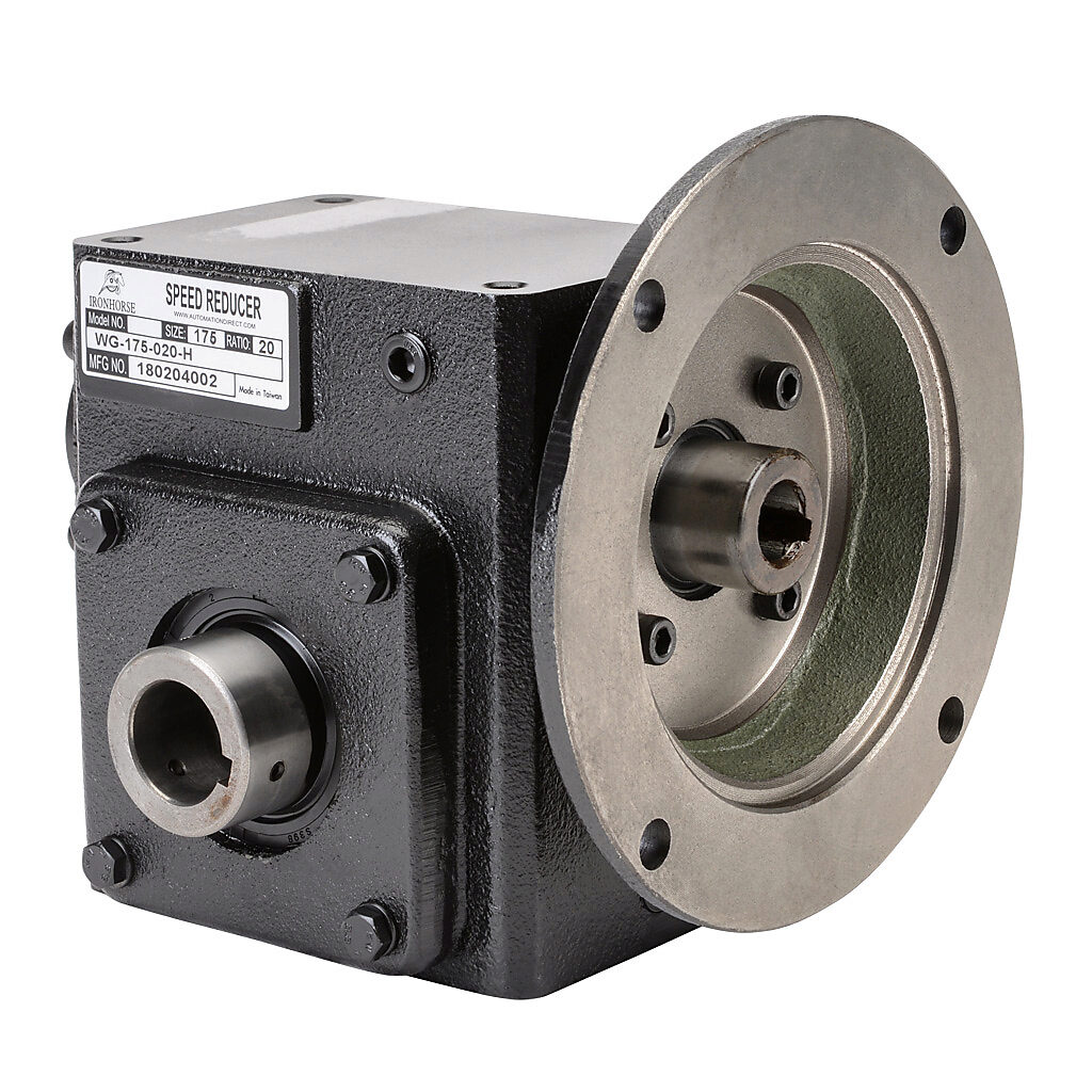 WG-175-020-H - IronHorse heavy duty worm gearbox, 20:1 ratio, NEMA 56C input, hollow, 1in diameter output shaft, nominal 1.02hp at 1.0 SF, 596 lb-in mechanical output torque, 1-3/4in center distance, cast iron housing, tapped-base mount.
