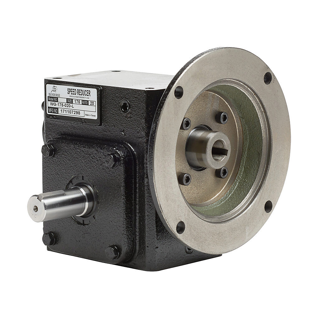 WG-175-020-L - IronHorse heavy duty worm gearbox, 20:1 ratio, NEMA 56C input, left hand, 0.875in diameter output shaft, nominal 1.02hp at 1.0 SF, 596 lb-in mechanical output torque, 1-3/4in center distance, cast iron housing, tapped-base mount.