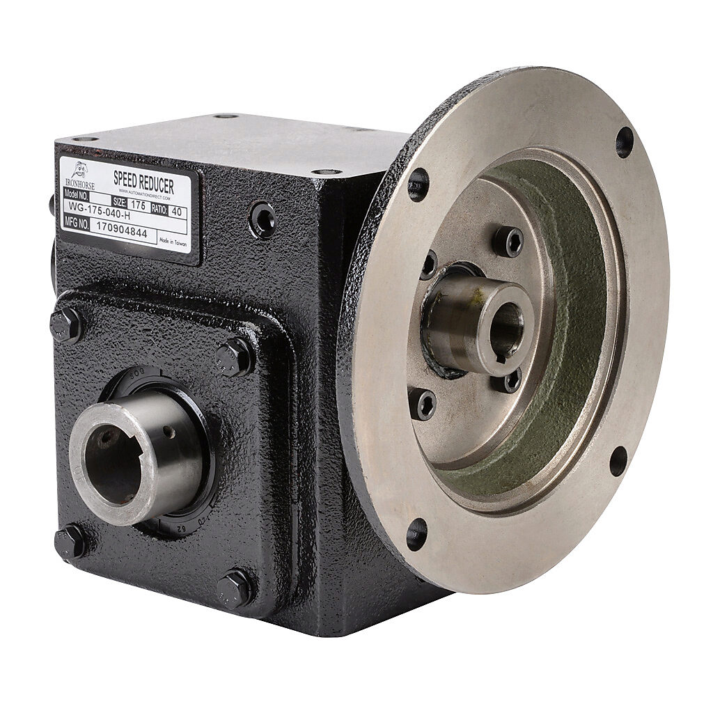 WG-175-040-H - IronHorse heavy duty worm gearbox, 40:1 ratio, NEMA 56C input, hollow, 1in diameter output shaft, nominal 0.74hp at 1.0 SF, 714 lb-in mechanical output torque, 1-3/4in center distance, cast iron housing, tapped-base mount.