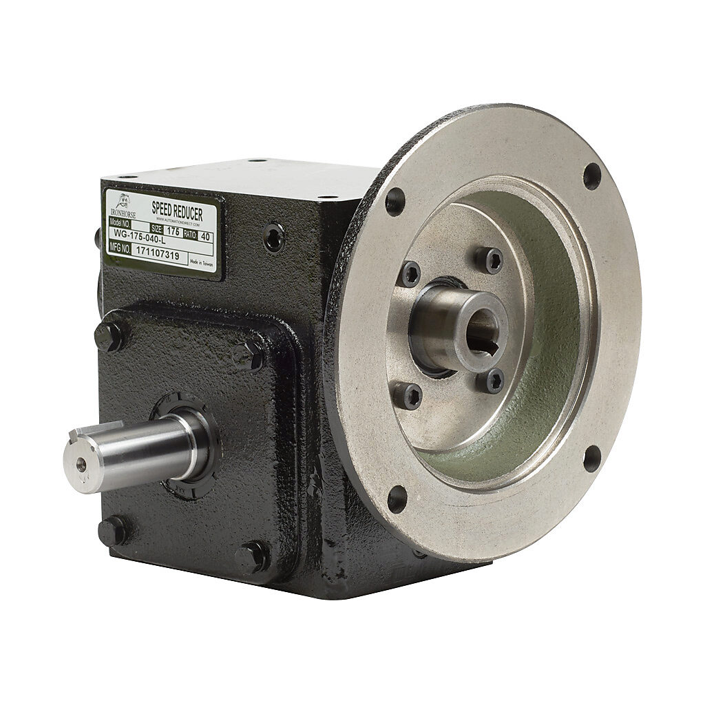 WG-175-040-L - IronHorse heavy duty worm gearbox, 40:1 ratio, NEMA 56C input, left hand, 0.875in diameter output shaft, nominal 0.74hp at 1.0 SF, 714 lb-in mechanical output torque, 1-3/4in center distance, cast iron housing, tapped-base mount.