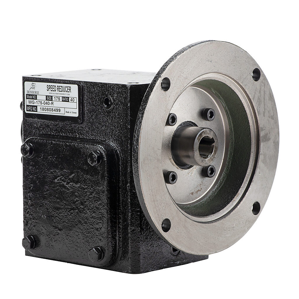 WG-175-040-R - IronHorse heavy duty worm gearbox, 40:1 ratio, NEMA 56C input, right hand, 0.875in diameter output shaft, nominal 0.74hp at 1.0 SF, 714 lb-in mechanical output torque, 1-3/4in center distance, cast iron housing, tapped-base mount.