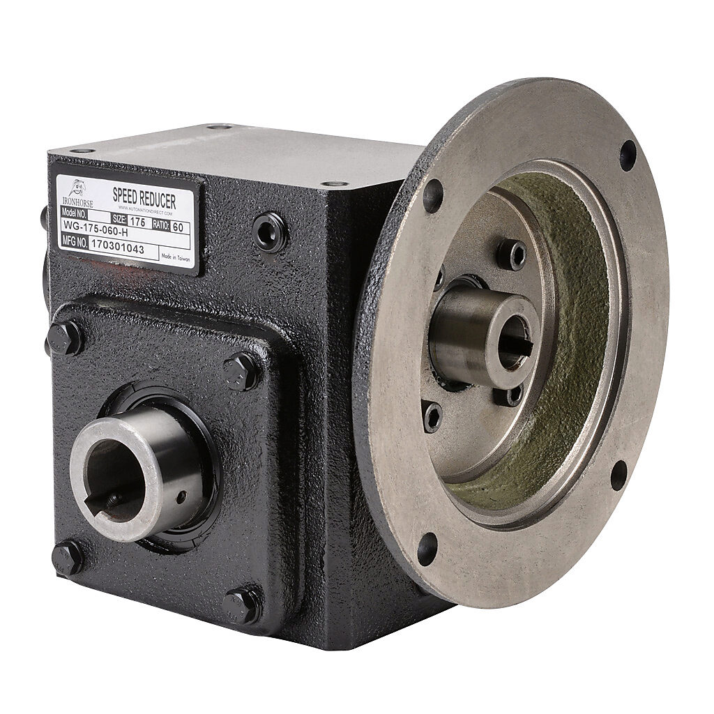 WG-175-060-H - IronHorse heavy duty worm gearbox, 60:1 ratio, NEMA 56C input, hollow, 1in diameter output shaft, nominal 0.38hp at 1.0 SF, 469 lb-in mechanical output torque, 1-3/4in center distance, cast iron housing, tapped-base mount.