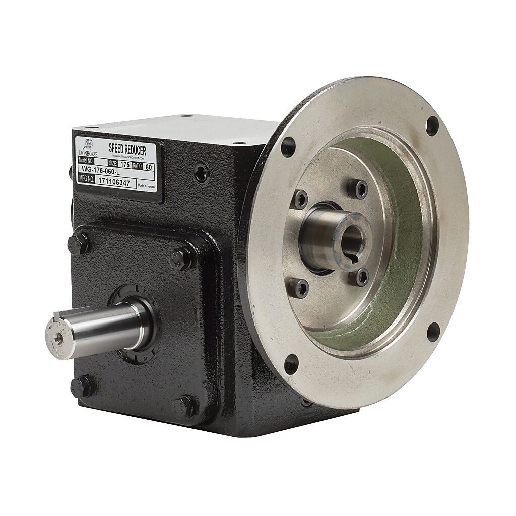WG-175-060-L - IronHorse heavy duty worm gearbox, 60:1 ratio, NEMA 56C input, left hand, 0.875in diameter output shaft, nominal 0.38hp at 1.0 SF, 469 lb-in mechanical output torque, 1-3/4in center distance, cast iron housing, tapped-base mount.