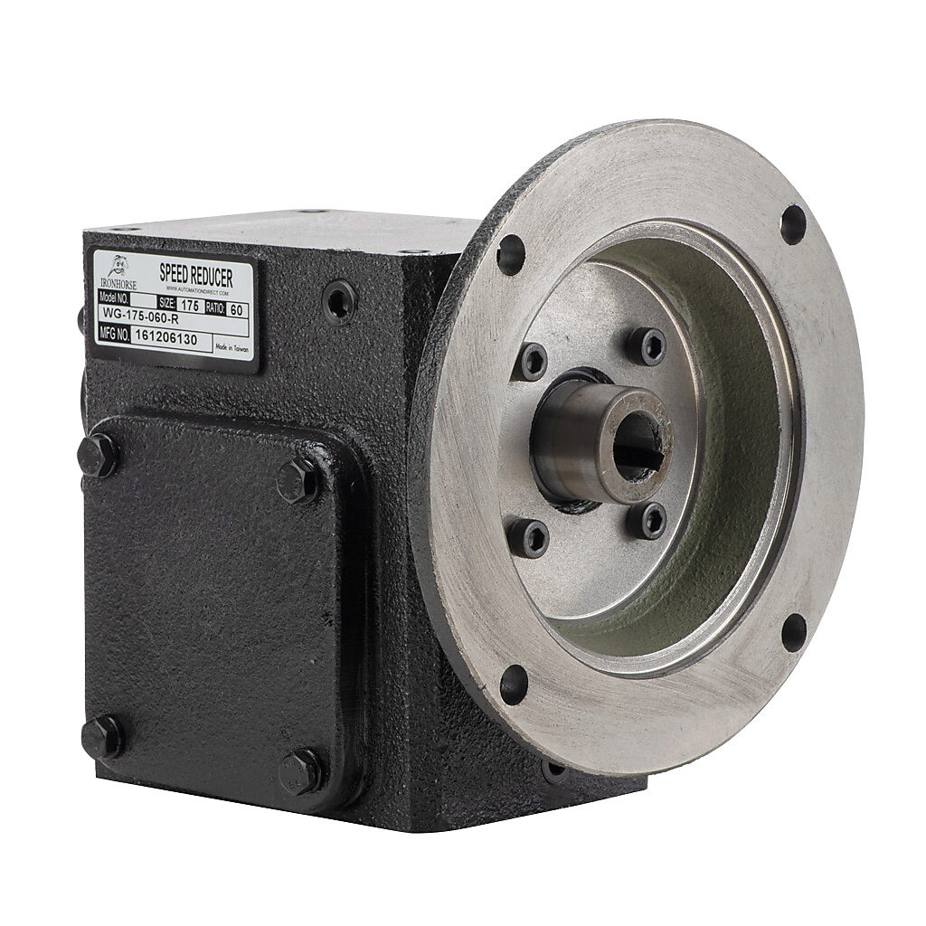 WG-175-060-R - IronHorse heavy duty worm gearbox, 60:1 ratio, NEMA 56C input, right hand, 0.875in diameter output shaft, nominal 0.38hp at 1.0 SF, 469 lb-in mechanical output torque, 1-3/4in center distance, cast iron housing, tapped-base mount.