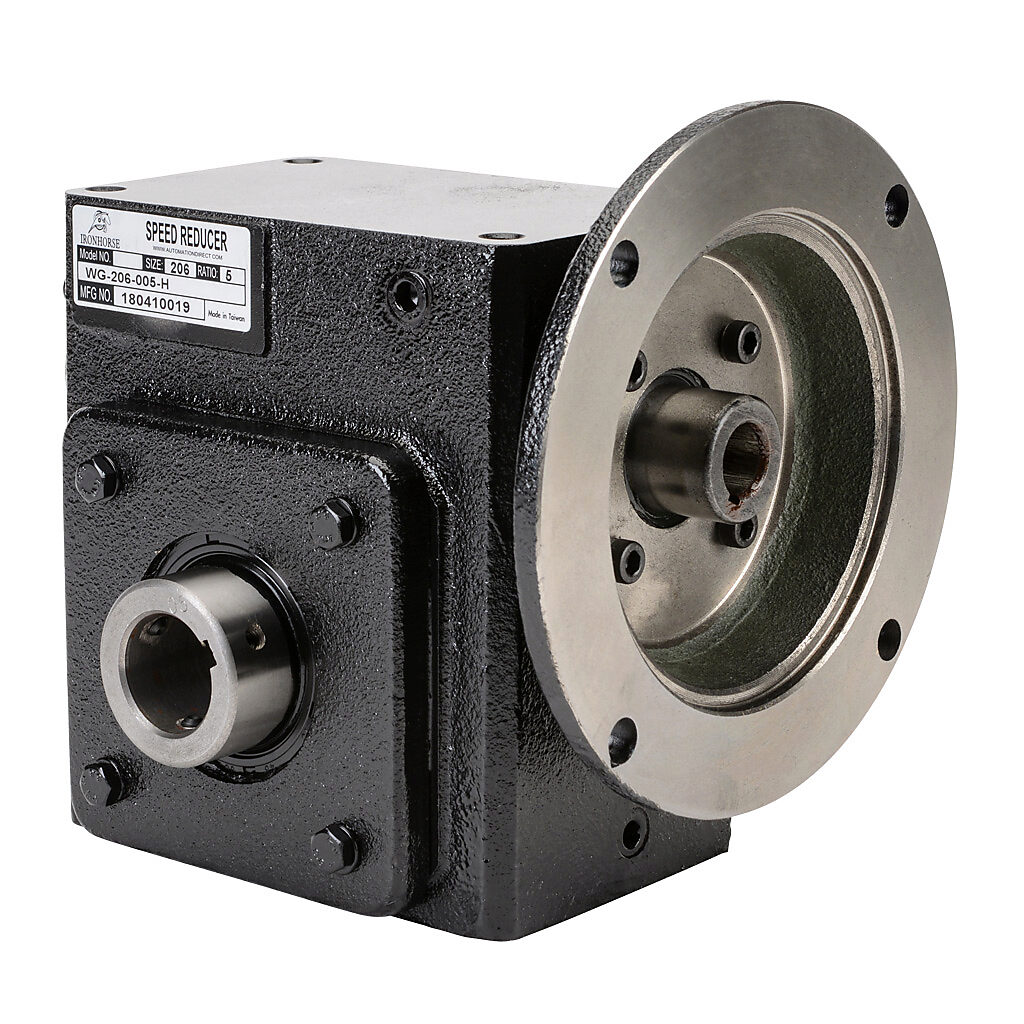 WG-206-005-H - IronHorse heavy duty worm gearbox, 5:1 ratio, NEMA 56C input, hollow, 1.125in diameter output shaft, nominal 3.62hp at 1.0 SF, 685 lb-in mechanical output torque, 2-1/16in center distance, cast iron housing, tapped-base mount.