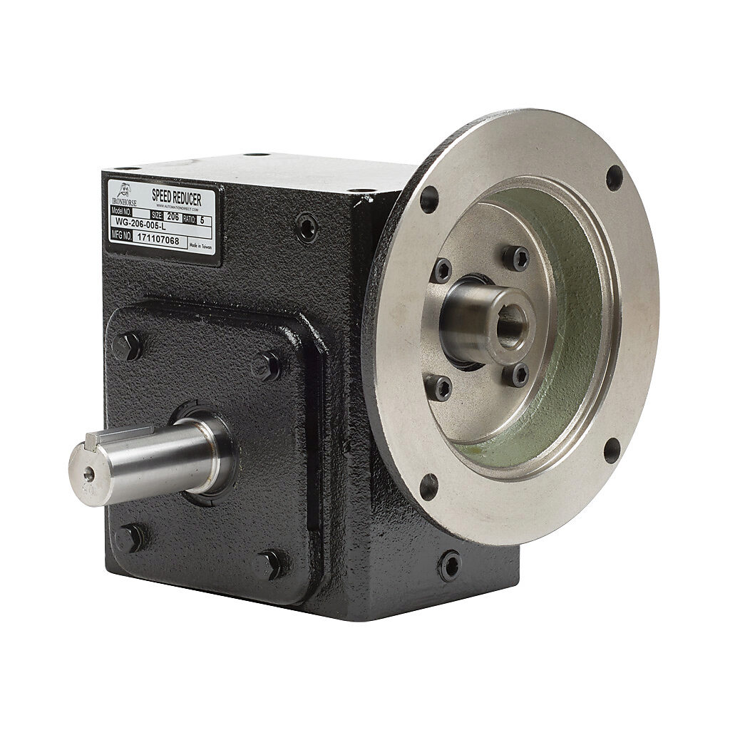WG-206-005-L - IronHorse heavy duty worm gearbox, 5:1 ratio, NEMA 56C input, left hand, 1in diameter output shaft, nominal 3.62hp at 1.0 SF, 685 lb-in mechanical output torque, 2-1/16in center distance, cast iron housing, tapped-base mount.