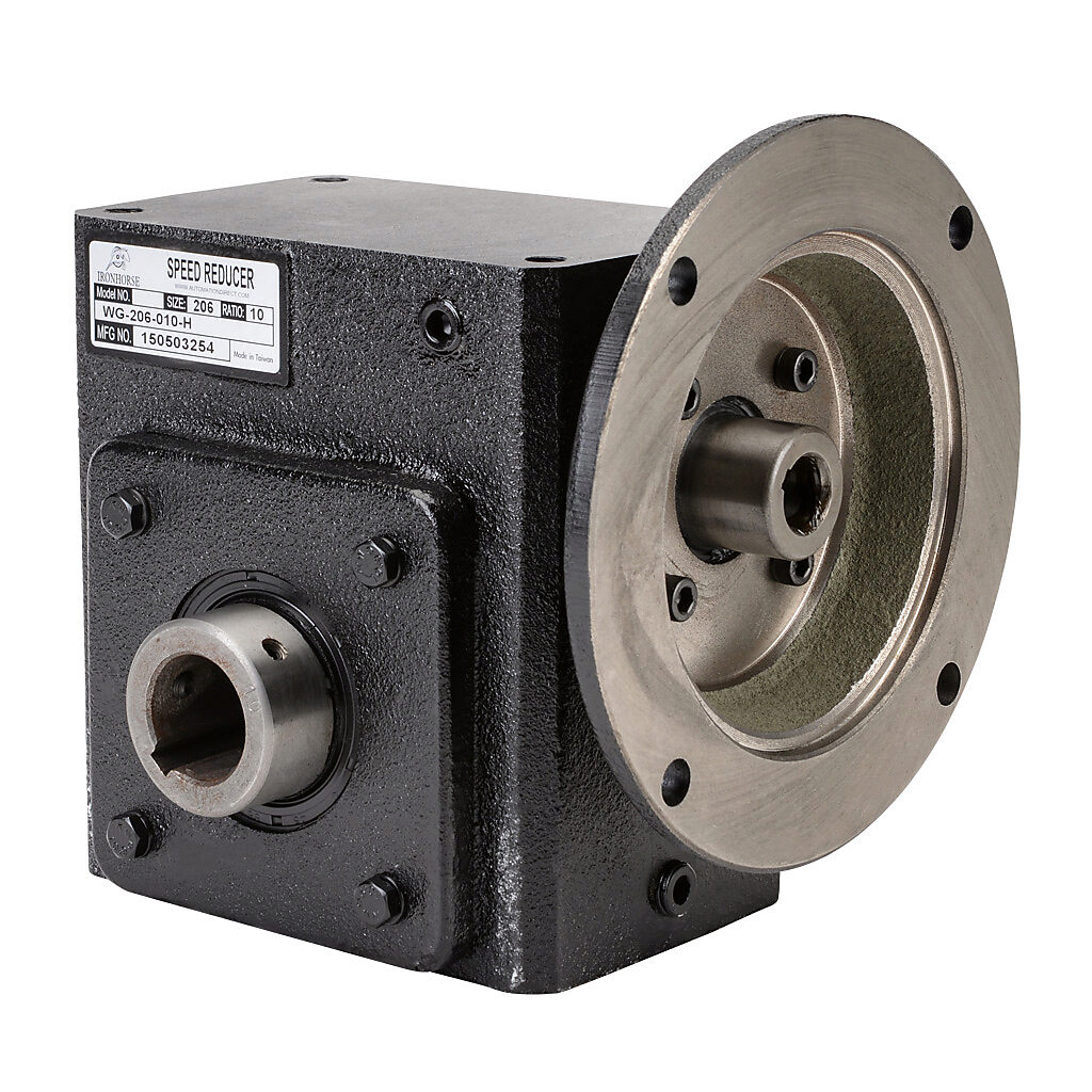 WG-206-010-H - IronHorse heavy duty worm gearbox, 10:1 ratio, NEMA 56C input, hollow, 1.125in diameter output shaft, nominal 2.77hp at 1.0 SF, 935 lb-in mechanical output torque, 2-1/16in center distance, cast iron housing, tapped-base mount.