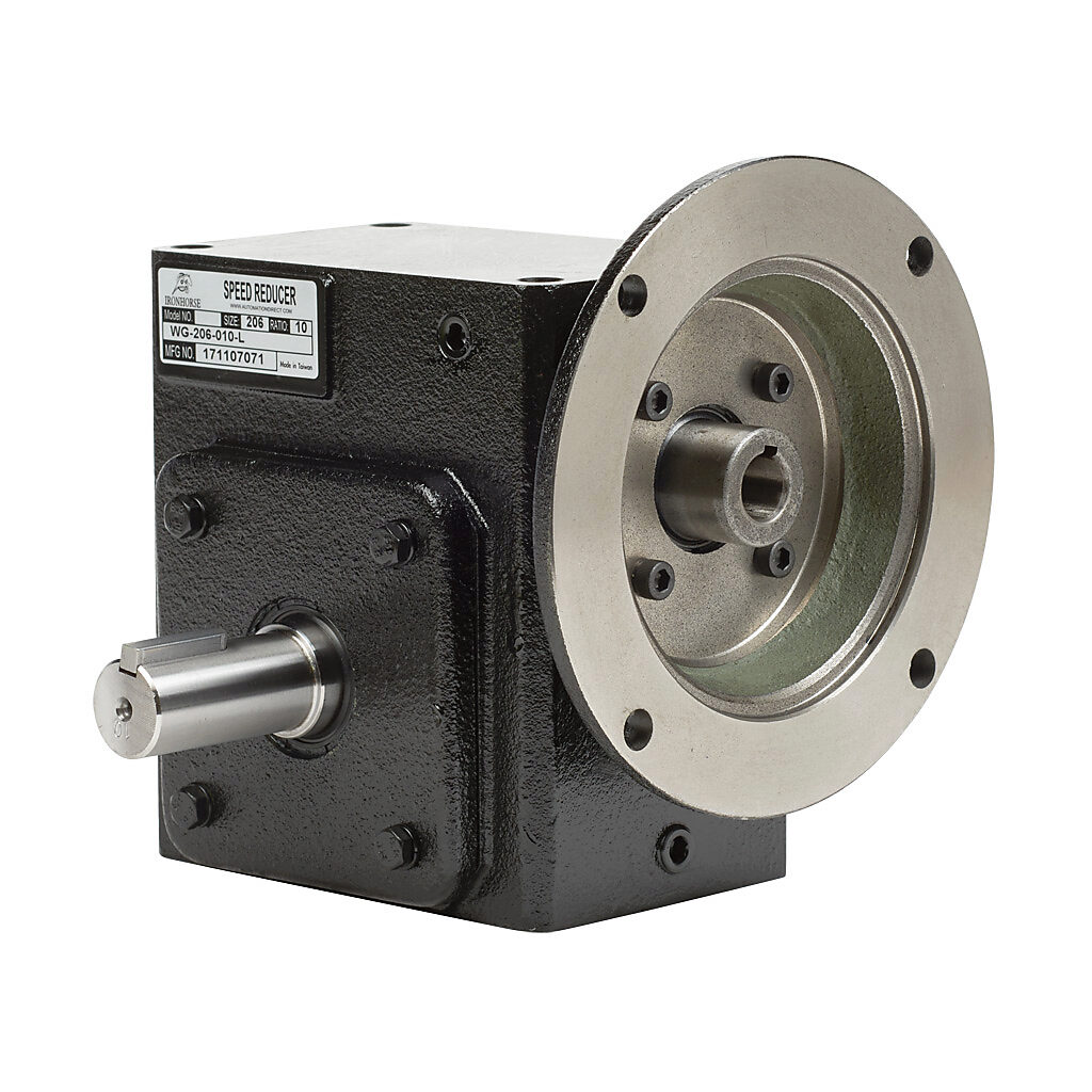 WG-206-010-L - IronHorse heavy duty worm gearbox, 10:1 ratio, NEMA 56C input, left hand, 1in diameter output shaft, nominal 2.77hp at 1.0 SF, 935 lb-in mechanical output torque, 2-1/16in center distance, cast iron housing, tapped-base mount.