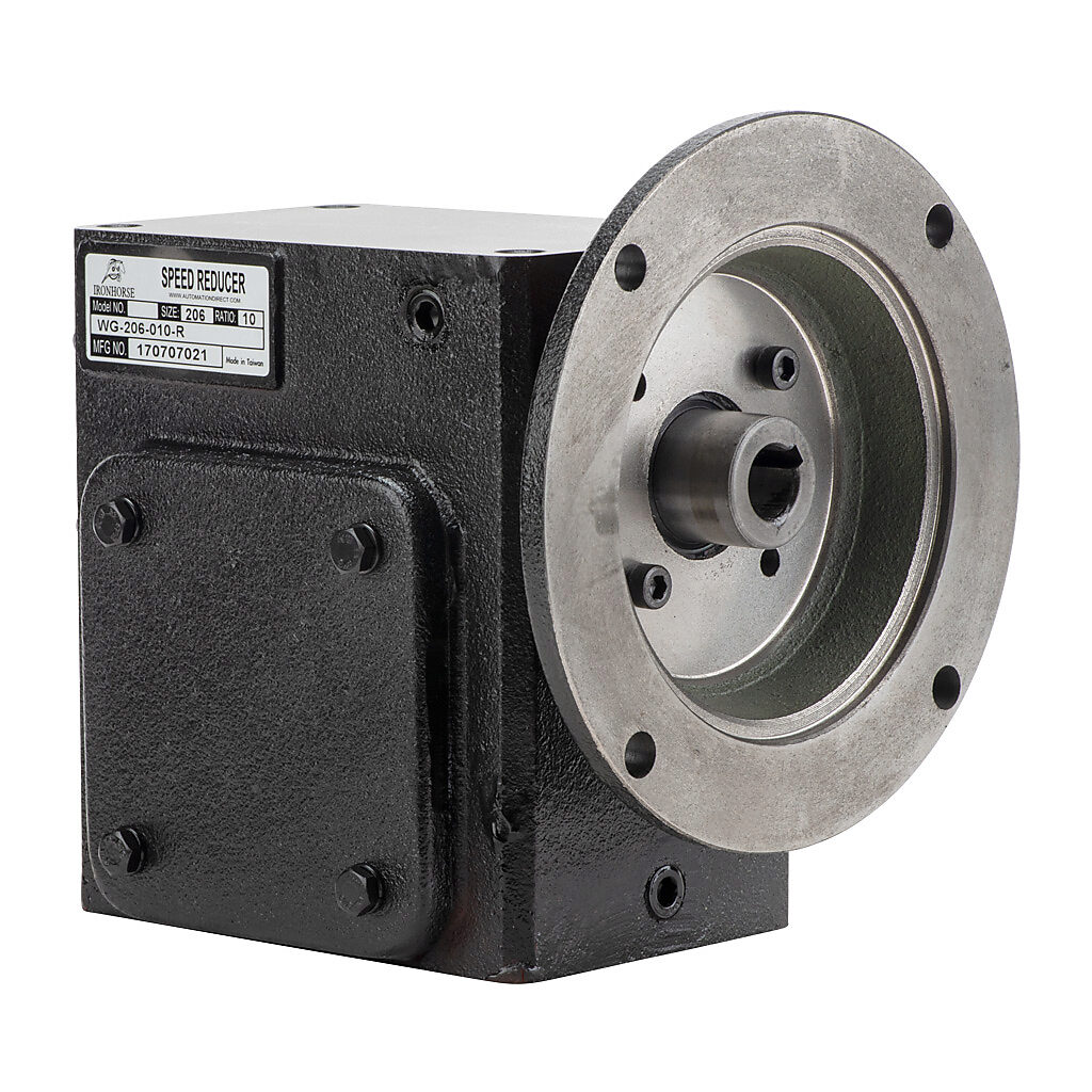 WG-206-010-R - IronHorse heavy duty worm gearbox, 10:1 ratio, NEMA 56C input, right hand, 1in diameter output shaft, nominal 2.77hp at 1.0 SF, 935 lb-in mechanical output torque, 2-1/16in center distance, cast iron housing, tapped-base mount.