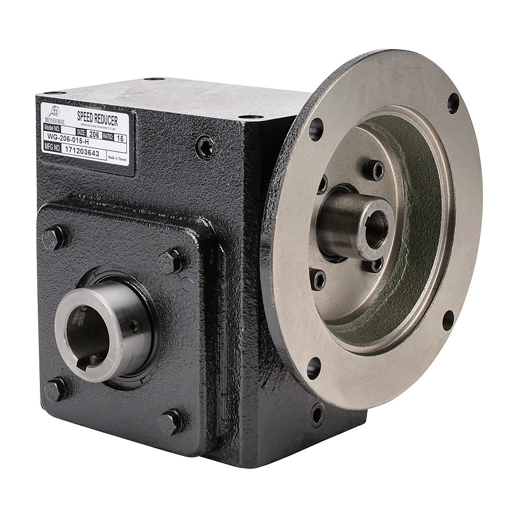 WG-206-015-H - IronHorse heavy duty worm gearbox, 15:1 ratio, NEMA 56C input, hollow, 1.125in diameter output shaft, nominal 2.09hp at 1.0 SF, 1002 lb-in mechanical output torque, 2-1/16in center distance, cast iron housing, tapped-base mount.
