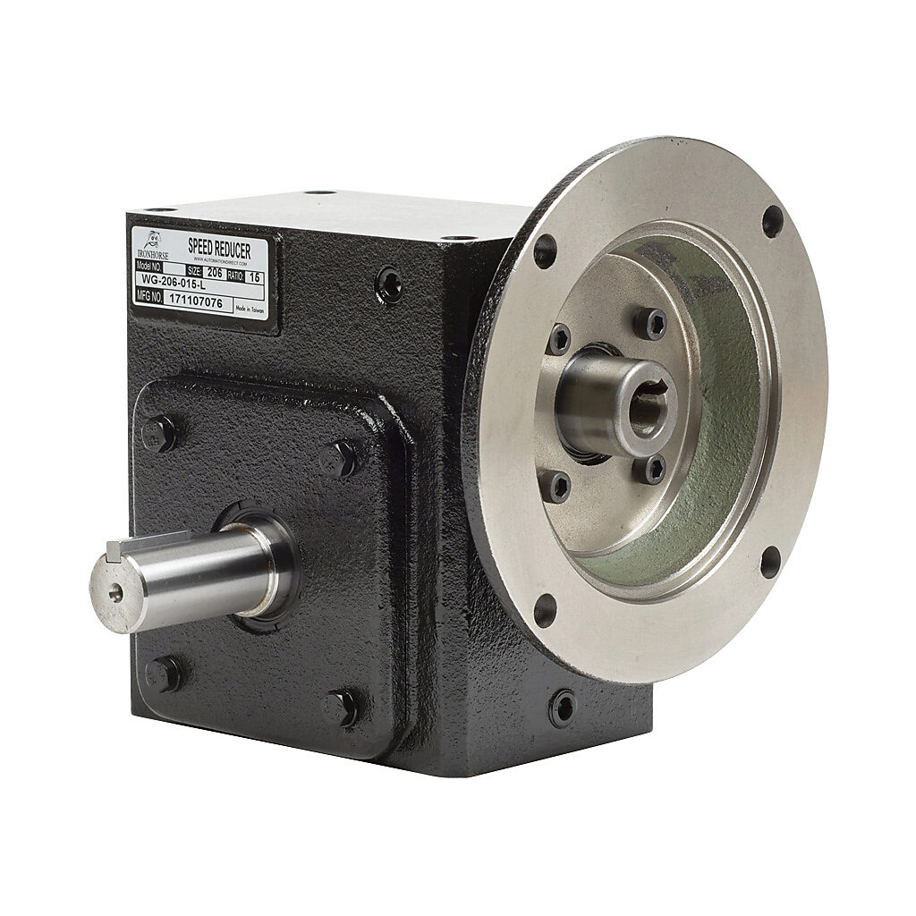 WG-206-015-L - IronHorse heavy duty worm gearbox, 15:1 ratio, NEMA 56C input, left hand, 1in diameter output shaft, nominal 2.09hp at 1.0 SF, 1002 lb-in mechanical output torque, 2-1/16in center distance, cast iron housing, tapped-base mount.