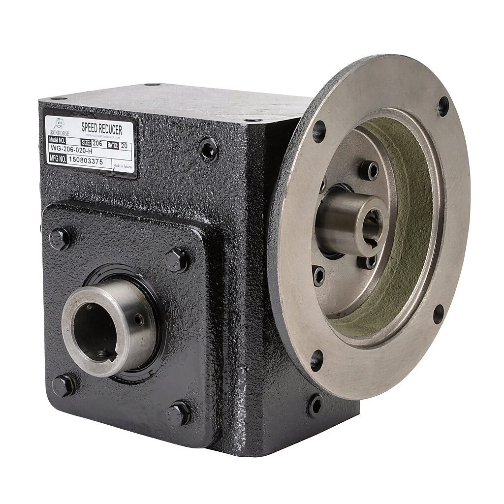 WG-206-020-H - IronHorse heavy duty worm gearbox, 20:1 ratio, NEMA 56C input, hollow, 1.125in diameter output shaft, nominal 1.57hp at 1.0 SF, 914 lb-in mechanical output torque, 2-1/16in center distance, cast iron housing, tapped-base mount.